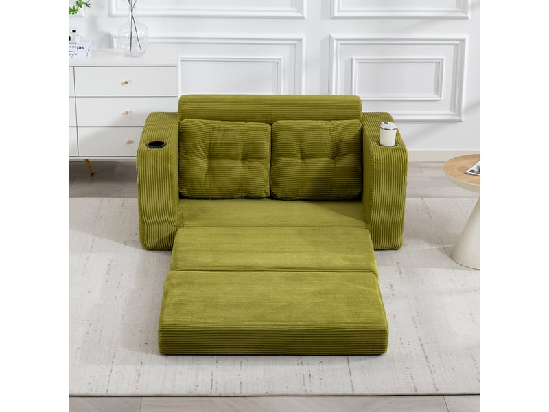 Canapé deux places en velours côtelé vert olive, canapé modulable avec assise 100 cm, coussins moelleux et porte-gobelets - Conforama E