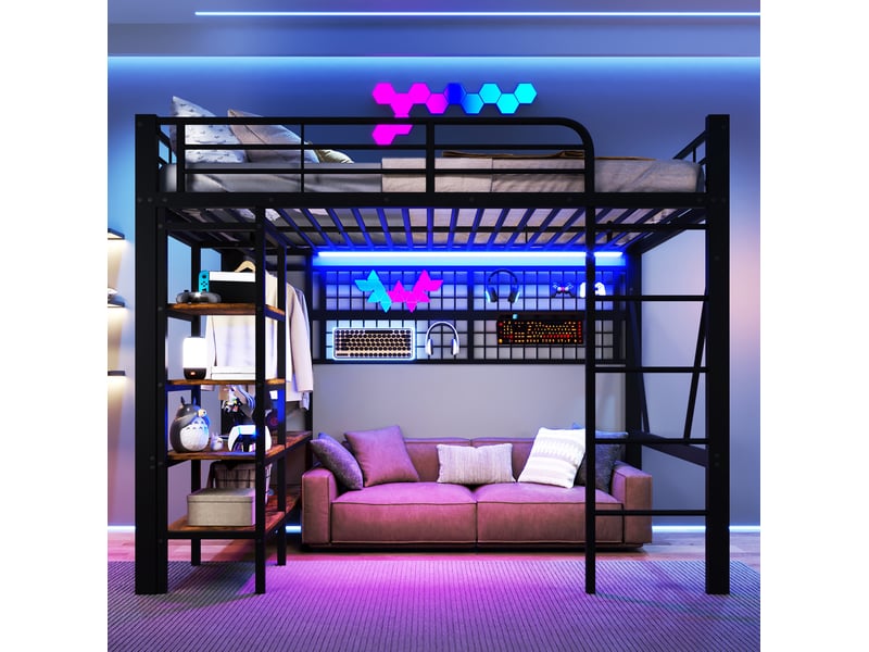 Modenvie lit mezzanine 140x200 cm - avec éclairage led, rangement intégré, sans matelas - noir - Conforama D