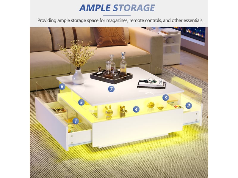  Table basse brillant carrée en panneaux de particules avec lumière led,2 tiroirs et espace de présentation transparent,blanc table basse blanc - Conforama E