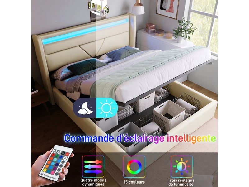 Lit coffre hydraulique 160x200 cm avec tête de lit led, pu blanc - Conforama D