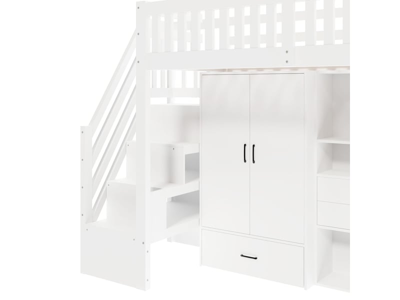  Lit mezzanine 90x200 cm - bureau et armoire - lit simple - escaliers rangement, garde-corps de sécurité - lit ado - blanc  - Conforama D