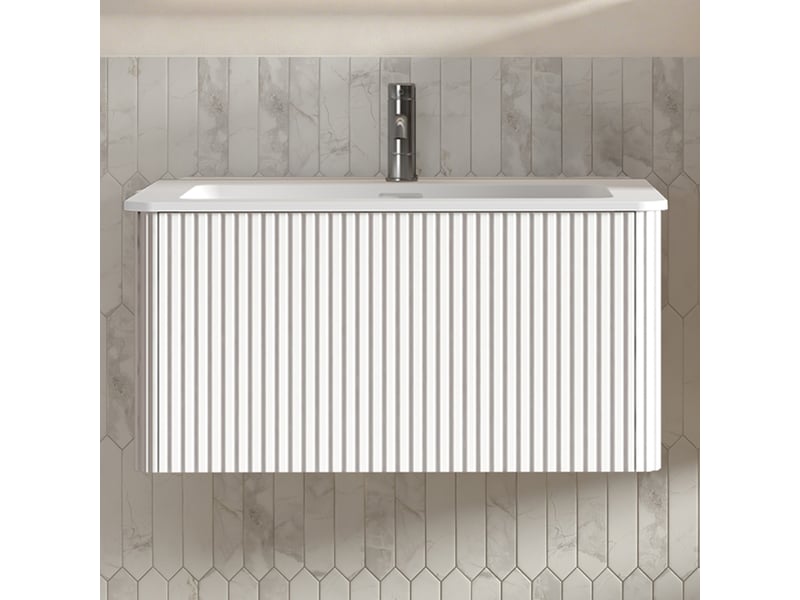 Meuble vasque suspendu 80 cm avec vasque en surface solide - 2 tiroirs push open façade rainurée - Conforama B