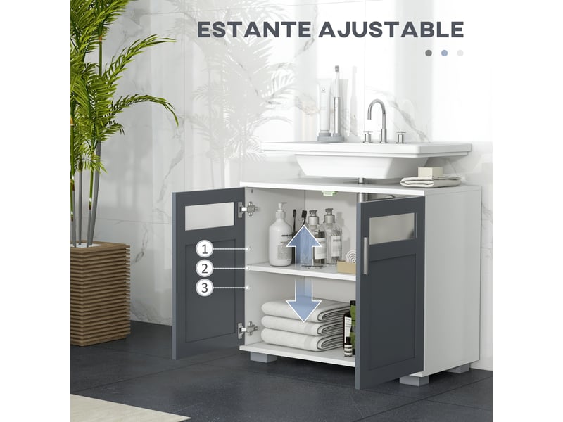  Meuble sous lavabo blanc et gris avec 2 portes en verre trempé, 69 x 35 x 59 cm  - Conforama W