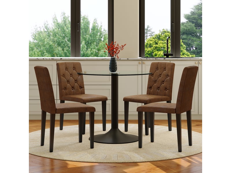  Ensemble table ronde en verre et 4 chaises marron rembourrées, plateau trempé 85 cm et piètement noir, style rétro industriel  - Conforama C