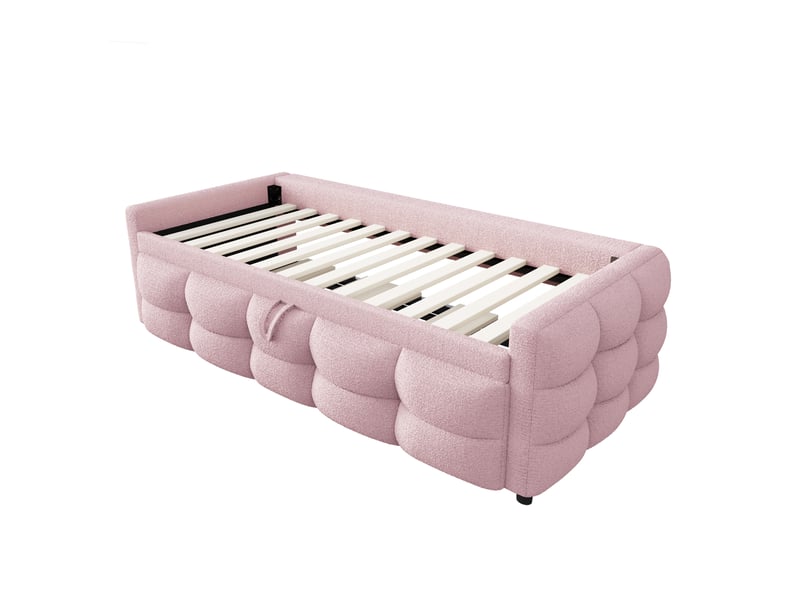  Lit banquette extensible 1 ou 2 places en tissu teddy rose, couchage 90x190 et 180x190 cm, sans matelas  - Conforama E