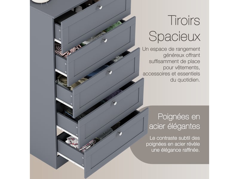  Commode altino 5 tiroirs, chambre, rangement vêtements, meuble, 121x65x36cm, gris 3332186 - Conforama E