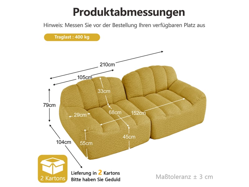  Canapé modulaire 2 places sans structure, forme coquillage, assise profonde, sans montage, jaune  - Conforama C
