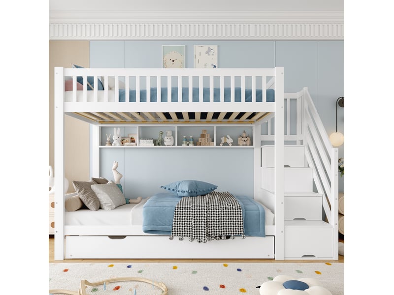  Modenvie lit superposé enfant 90x200 cm - avec lit gigogne, armoire et escalier de rangement, sans matelas - blanc  - Conforama D