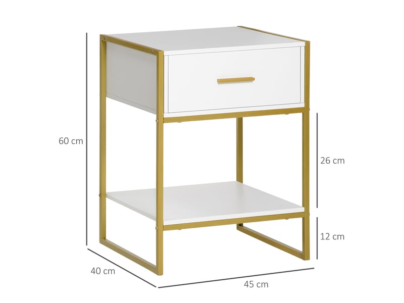  Ensemble de 2 tables de chevet modernes avec tiroir et étagère ouverte, en mdf et acier, 45 x 40 x 60 cm, blanc et or  - Conforama E