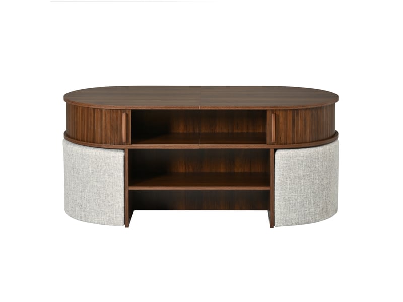  Table basse ovale de rangement avec panneaux rainurés verticaux, ensemble table basse avec tabourets en tissu, structure en aggloméré et mdf, poignées en métal, table basse avec portes coulissantes sur le devant.  - Conforama D