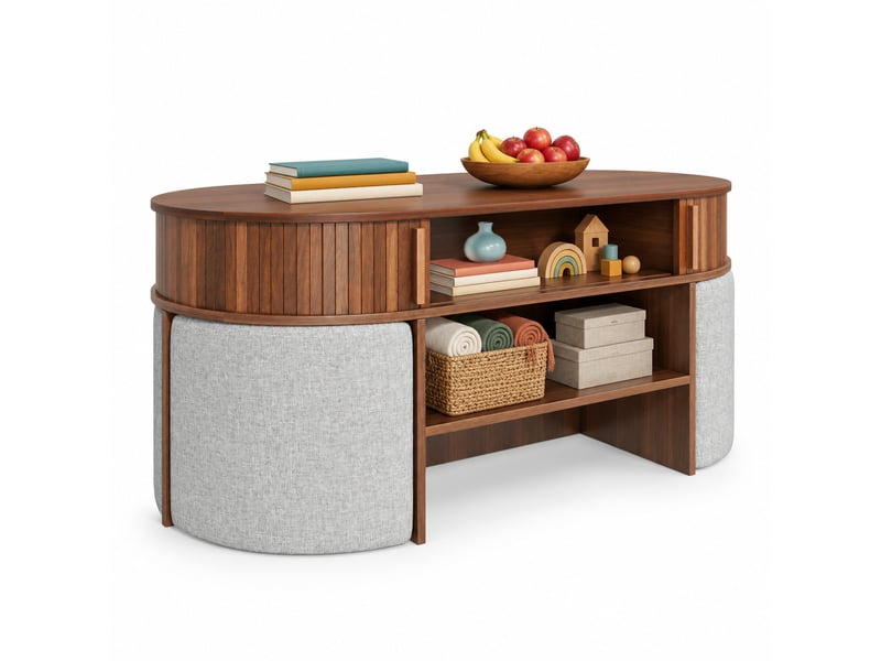  Table basse ovale avec rangement et 2 poufs en tissu, 120 x 60 cm, noyer  - Conforama A