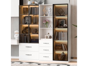 Vitrine led blanche 140x40x160 cm, bibliothèque avec portes en verre et tiroirs, éclairage multicolore, meuble de rangement