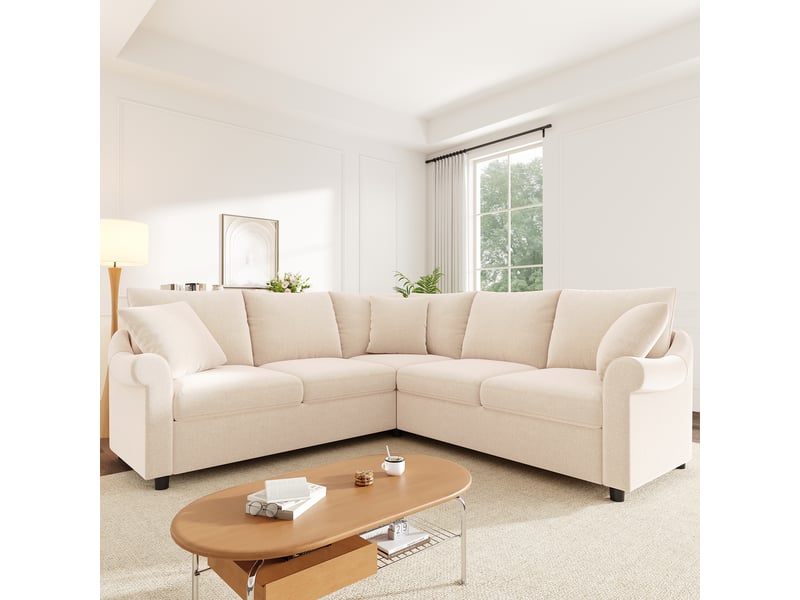 Canapé d'angle 5 places en forme de l 217x217x83 cm - avec 3 coussins décoratifs - tissu chenille - beige - Conforama E