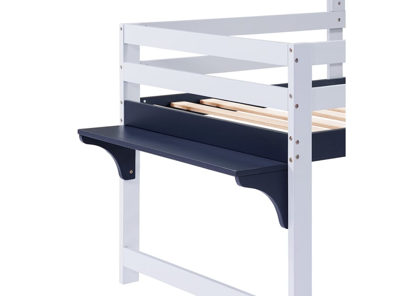  Lit mezzanine enfant 90x200 cm, lit maison avec toit, fenêtre et échelle inclinée, mdf, blanc et bleu, sans matelas  - Conforama E