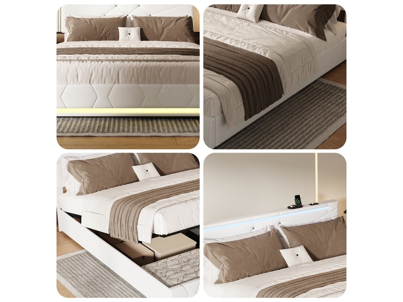  Lit coffre 2 places 140x190 cm, lit adulte, rangement, tête de lit réglable, led, ports usb, style simple, lin beige  - Conforama R