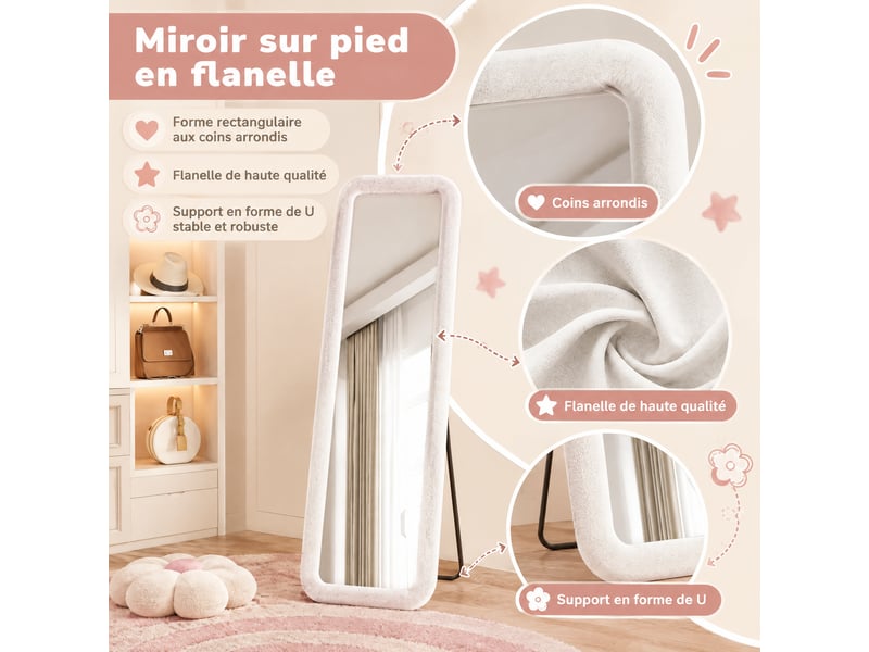  Miroir pleine longueur 160x50 cm, dressing rectangle arrondi, pour chambre et salon, cadre en velours style romantique, avec pied u, blanc  - Conforama D