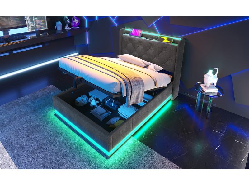  Lit coffre 90x200 cm - lit coffre capitonné simple avec rangement hydraulique, led et ports usb-c, tissu lin gris, matelas inclus  - Conforama B