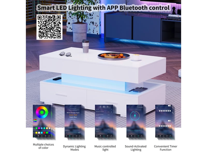 Table basse relevable blanche, table basse avec led, table basse hydraulique, 100x50x44cm, panneau de particules, blanc - Conforama E