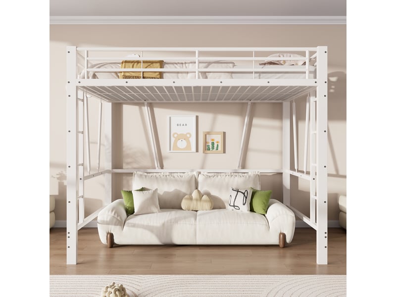  Lit mezzanine 140x200 cm coloris blanc, lit superposé enfant avec double échelle, lit en hauteur métal, sans matelas  - Conforama R