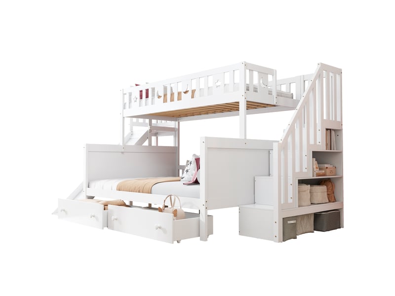  Lit superposé avec toboggan et tiroirs de rangement, lit enfant bois massif blanc 90x200 et 140x200 cm, sommier à lattes inclus  - Conforama E
