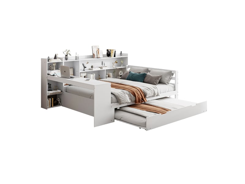  Lit banquette 140x200 cm bois massif blanc, bureau intégré, étagères, prise intégrée et lit gigogne multifonction  - Conforama A