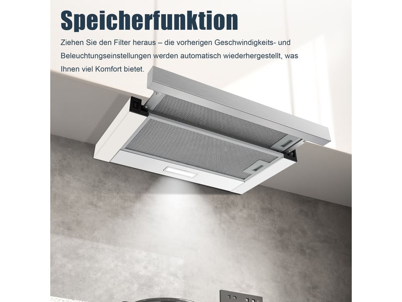 Hotte aspirante 60 cm télescopique sous meuble, évacuation extérieure ou recyclage, 400 m³h, filtres aluminium, éclairage led - Conforama W