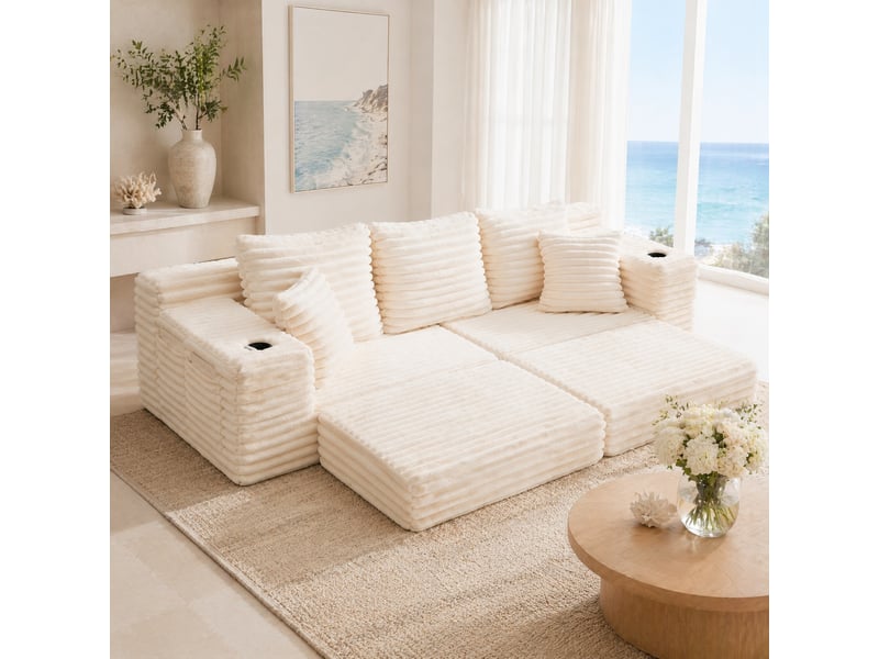  Canapé convertible 273x98x87 cm à dossier haut, velours côtelé beige  - Conforama C