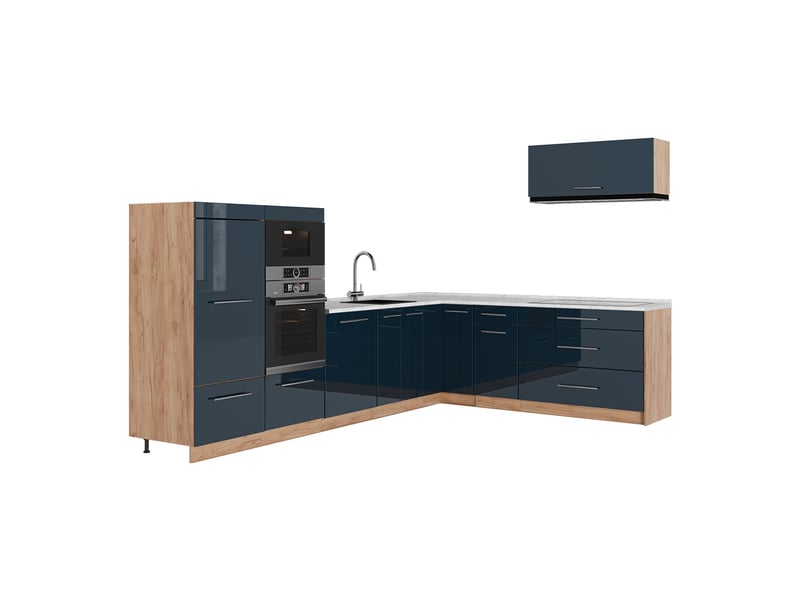 Vicco cuisine en angle, bleu foncé brillantchêne de force doré, 327 x cm, pt marbre - Conforama A