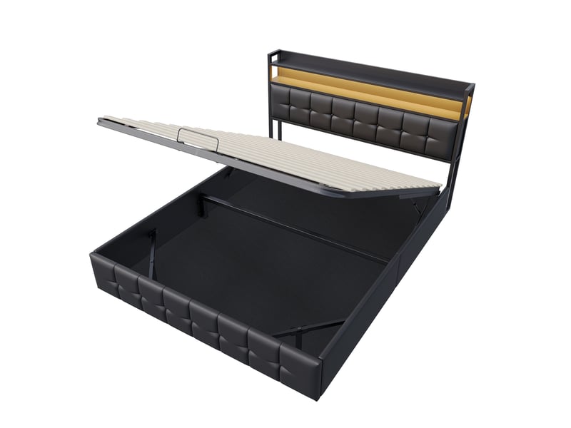  Lit capitonné 160x200 avec rangement, cadre de lit coffre avec led et usb lit 2 personnes avec espace de rangement hydraulique lit double rembourré avec sommier à lattes noir pu, sans matelas  - Conforama W