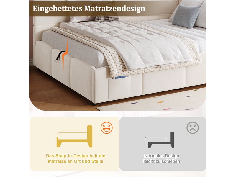  Lit banquette double 140×200 cm coffre, usb-a, usb-c et poche - sans matelas, velours - beige  - Conforama C
