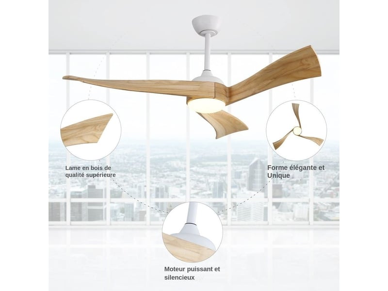  Ventilateur de plafond - avec télécommande et moteur réversible - metal &amp; wood - blanc - 132 x 132 x 42 cm - installation au plafond - salon et chambre EU-KBS-52K012-WH-DC-YM-60-W - Conforama D