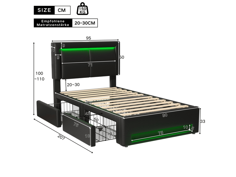 Lit enfant 90x200cm avec 4 tiroirs, ports usb de chargement, lumières led, design moderne, pu, noir, sans matelas - Conforama D