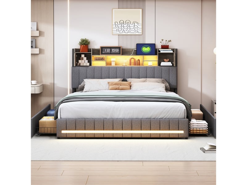  Lit 160x200cm - lit double 160x200cm - lit avec tête de lit de rangement led rgb, station de charge et 2 tiroirs - gris  - Conforama D