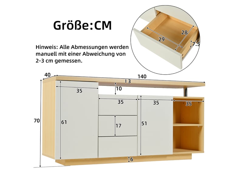  Buffet blanc et chêne clair, 140 × 40 × 70 cm, panneau de particules, avec 2 portes et 3 tiroirs, éclairage led  - Conforama B