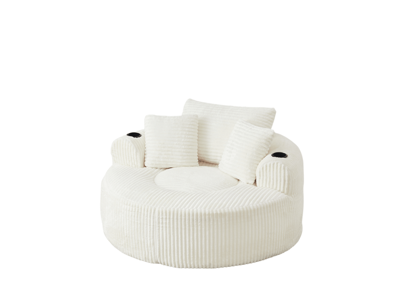 Fauteuil lounge 1 place en velours côtelé avec 3 coussins, 2 porte-gobelets, poches latérales, base antidérapante, assise ronde beige - Conforama A