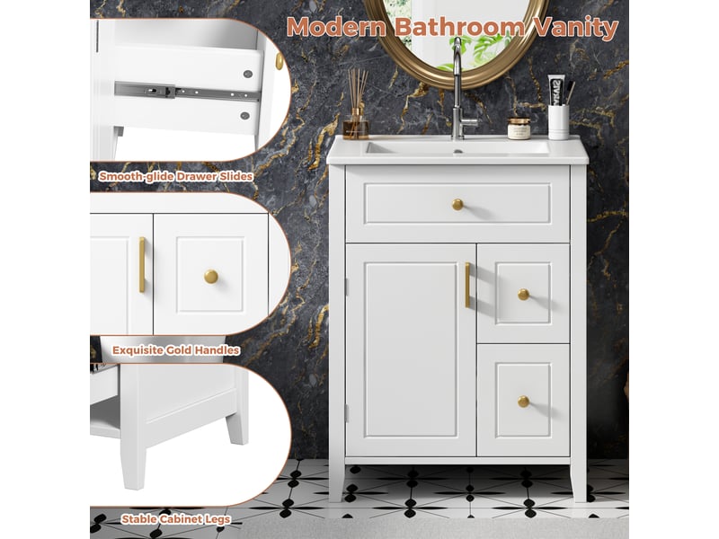  Meuble salle de bain sur pied 61 cm blanc brillant avec vasque céramique  - Conforama E
