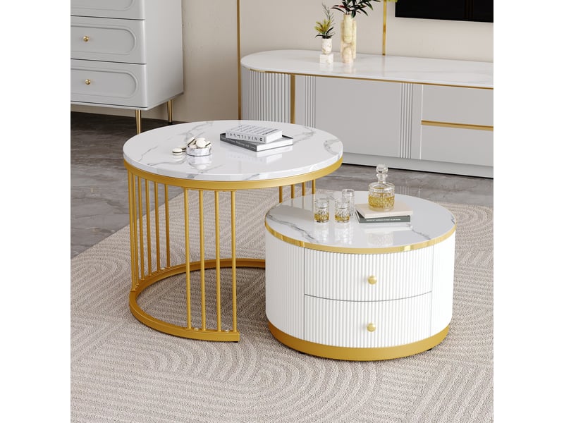  Lot de 2 tables basses rondes gigognes avec 2 tiroirs de rangement - effet marbre brillant  - Conforama W