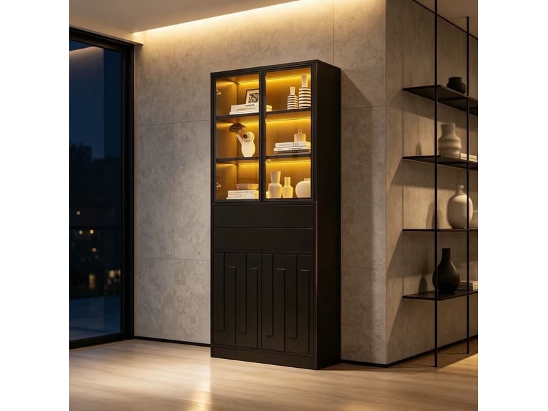  Vitrine haute en panneaux avec 4 portes, 2 tiroirs et éclairage led réglable pour salon noir mat 70 × 37 × 180 cm  - Conforama D