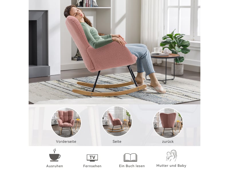  Fauteuil à bascule rose au design moderne et capitonné, tissu teddy doux  - Conforama C