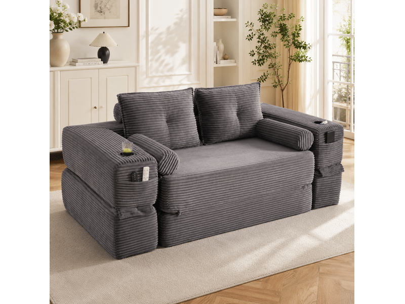  Canapé convertible 2 places 180*98*80 cm en velours côtelé avec poches et porte-gobelet gris foncé chicfurn  - Conforama C