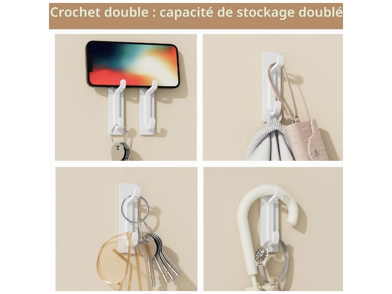 Crochet adhesif mural, porte serviette salle de bain, accroche torchon cuisine, porte manteau adhésif, etanche, antirouille, blanc, 4 pièces - Conforama B