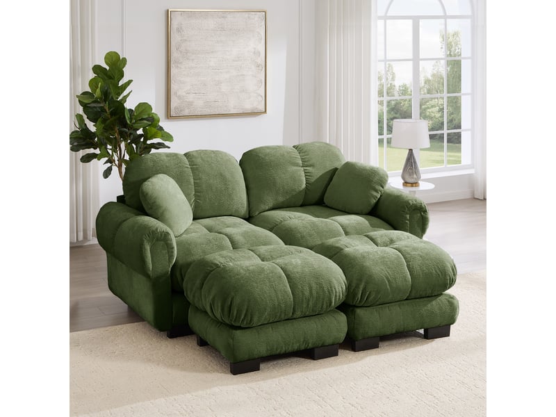  Canapé droit modulaire 2 places en tissu vert avec ottomane mobile, design matelassé élégant pour le salon  - Conforama B