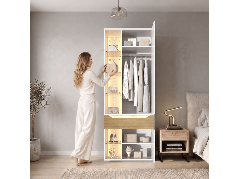 Armoire penderie vitrine 75x50x200 cm - 1 tiroir - 6 cases ouvertes - 2 led - mdf et verre - blanc CozyNest - Conforama E