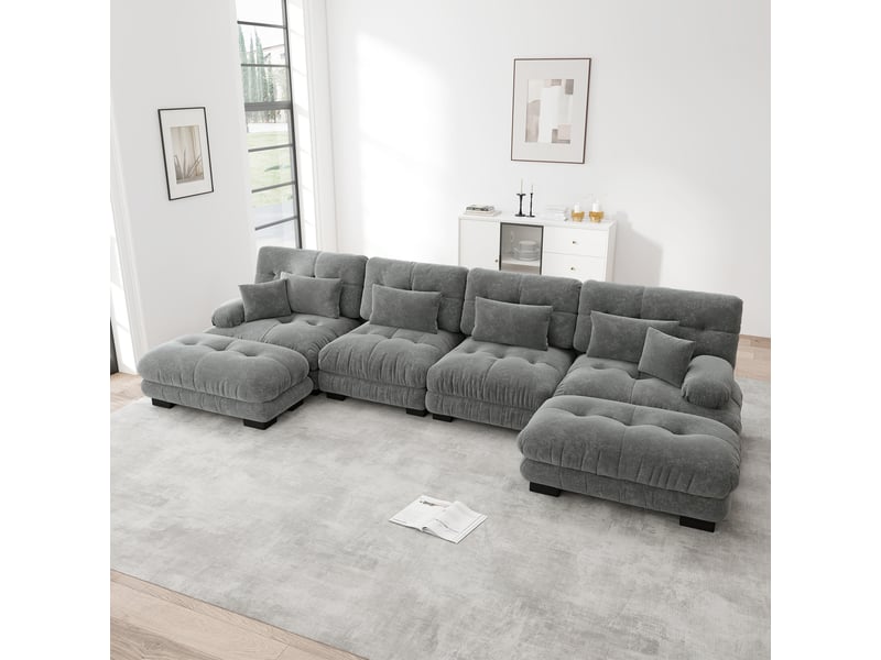  Canapé modulaire 4 places avec ottomans mobiles et assise profonde, composition en u ou d'angle, en chenille grise  - Conforama B