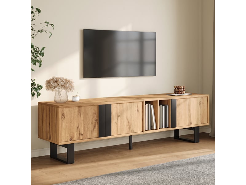 Meuble tv 160 cm – 3 portes, 2 compartiments, pieds métal noir - style campagne – bois naturel - buffet bas et table tv moderne - Conforama D