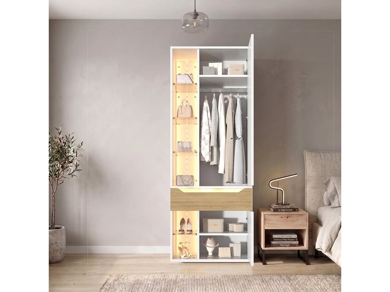 Armoire penderie blanche avec éclairage led et vitrine en verre 122x50x200 cm - Conforama C