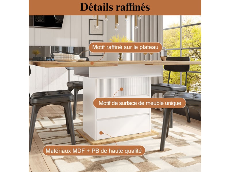  Table à manger extensible natural,white, rangement, pliable, étagères réglables, fermeture douce, solide - mdf - 110-140x80cm  - Conforama C