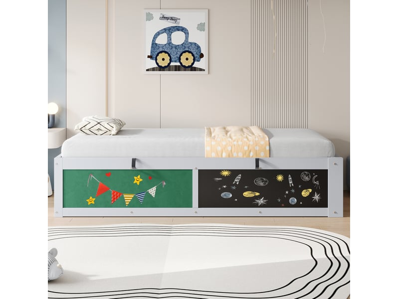  Lit enfant 90 x 200 cm avec rangement hydraulique, tableau, étagère et sommier gris  - Conforama D