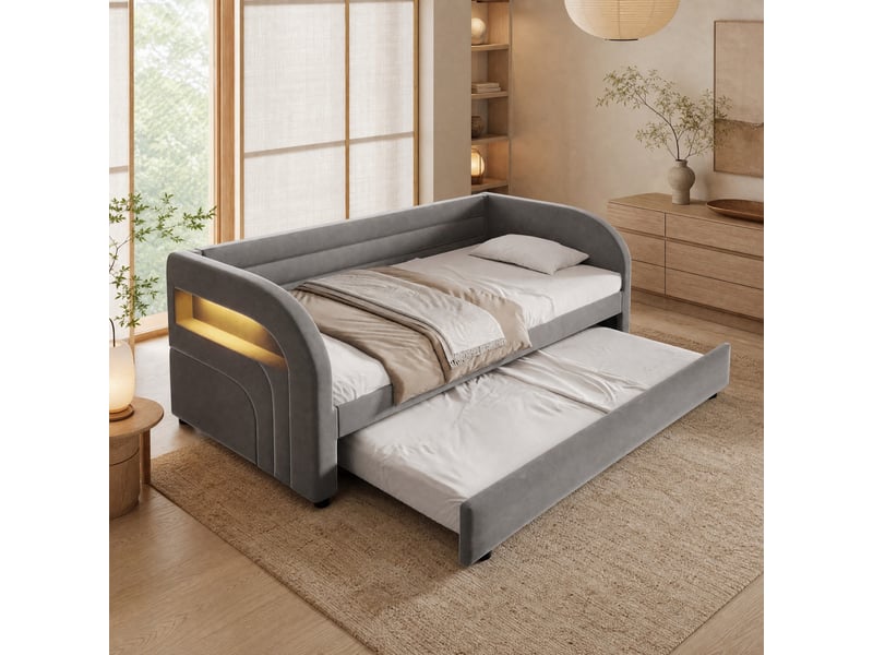  Lit gigogne simple 90×200 cm avec led réglable et lit d'appoint - okmyhome- gris, sans matelas, flanelle  - Conforama C