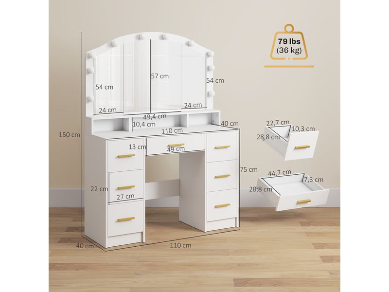  Coiffeuse avec miroir led 7 tiroirs et 3 compartiments blanc 110 x 40 x 150 cm  - Conforama C